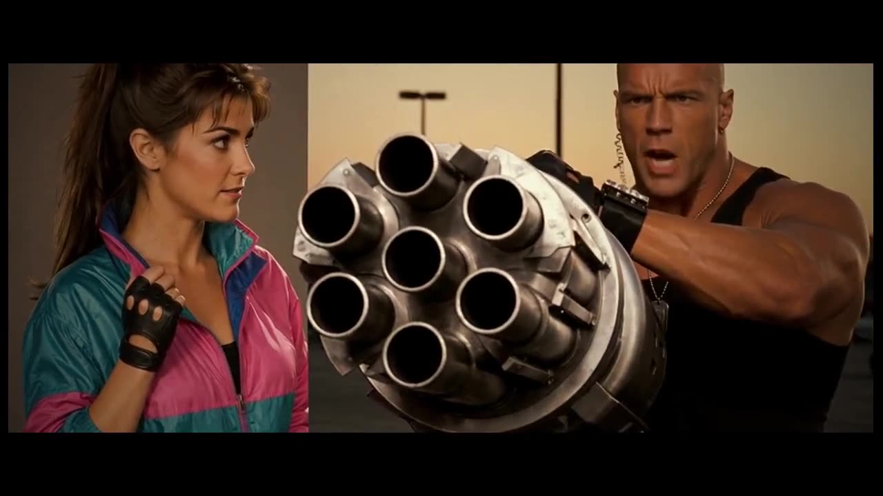 Still from Mullet Force One — a '90s action hero mid-chaos